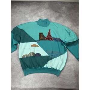 Vintage Rafael Sweater Mens Large‎ Paris Landmark Patchwork Fleece Pullover 90s
